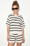 Women's Ecru Brown Striped Crew Neck Short Sleeve Cotton Knit Top and Shorts Set Tt261002 60286224 - 6