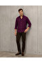 Summer Linen Textured Long Sleeve Burgundy Half Oversize Men's Shirt - 6