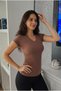 Women's Short Sleeve V-Neck Brown Color Body T-Shirt Bluz - 3