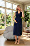 New Season Navy Blue Summer V-Neck Lace Detailed Design Wide Strap Buttoned 100% Cotton Maternity Nightgown - 2