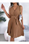 Beige Sleeveless Pleated Mini Dress
