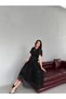 Black Balloon Sleeve Belted Mesh Fabric Midi Evening Dress - 3