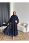 Women's Ruffled Layered Chiffon Dress with Lace Detail - Navy Blue - 3