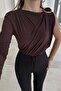 Brown Single Sleeve Buckle Detail Draped Sandy Fabric Blouse - 2