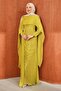 Oil Green Pearl Cape Front Gathered Evening Dress - 3