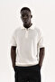 Men's Polo Collar Zippered Knitwear T-Shirt Ecru - 2