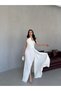 White Stone Embellished Slit Strapless Midi Evening Dress - 3
