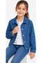 Girl's Button-Closure Stone Detailed Blue Color Lycra Seasonal Denim Jacket - 3