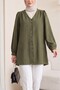 Buttoned V-Neck Jacquard Crinkle Tunic -Khaki - 3