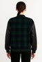 Women's College Jacket Checkered Lumberjack Sleeves Faux Leather Zippered Quilted Lining - Khaki Mariposa Sec - 2