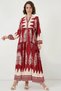 Women's V-Neck Gathered Waist Floral Patterned Viscose Burgundy Hijab Dress - 5