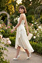 Women's Ecru Degaje Collar Strap Midi Satin Evening Dress - 5