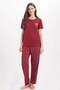 Women's Standard Fit Regular Cut Crew Neck Short Sleeve Printed Burgundy Pajama Set