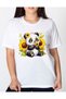 Women's White Sunflower Cute Panda Printed Oversized T-Shirt - 100% Cotton Floral Design Animal T-Shirt - Kawaii Style Summer Tshirt