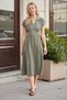 Women's Modal Diagonal Double-Breasted Wrap Collar Skirt with Pleated Pockets, Midi Length Below the Knee Dress-Khaki