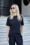 Women's Silky Textured Flexible Modal Fabric Wide Zero-Neck Short Sleeve Blouse-Black - 4