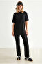 Women's Black Ribbed Short Sleeve Top and Bottom Set Tkm-19000498 - 4