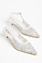 Embroidered Floral Design on Mesh, Pointed Toe, Short Kitten Heel Women's Shoes