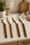 4-Piece Silicone Kitchen Utensil Set with Acacia Handle - Ladle Spatula - Strainer Spoon - Brush Cream Color - 3