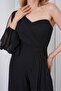 Women's Black One-Sleeve Lined Tulle Fabric Design Evening Dress Jumpsuit Nbs9389 - 3