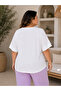 Plus Size Lycra Crew Neck Printed Stone Embroidered Hem Tulle Detailed Women's Short Sleeve Blouse - 6