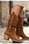 Meria Tan Suede Laser Cut Cowboy Heeled Boots - 3
