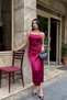 Burgundy Thin Straps Satin Dress with Floral Detail - 6