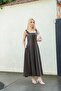 White Stripe Detailed Flared Linen Fabric Coffee Dress with Pockets - 7