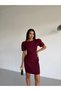 Women's Burgundy Boat Neck Fileto Pocket Short Sleeve Mini Dress Hzl26S-Fry123891 - 6