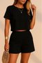 Women's Short Sleeve Round Neck Imported Linen Blouse and Short Double Set - 5