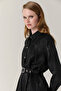 Shiny Textured Shirt Collar Black Tunic with Buckle Belt 1624 - 4