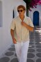 Men's Short Sleeve Muslin Shirt with Apaş Collar, Comfortable Fit, Summer Beige Ls-18015 - 2