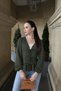 Women's Dark Green Front Tie Skirt with Ruffle Hem and Elastic Sleeves Blouse Arm-26K001019