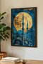 Single Wooden Table with Golden Full Moon and Blue Mosque Design - Black Wooden Frame Home and Business Place Table