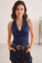 Women's Navy Blue Degaje Halter Neck Backless Viscose Elastane Fabric Snap Fastener Bady Suit Blouse