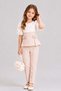 Girl's Crew Neck Blouse with 3D Rose Embroidery and Ribbon Detail, Cream Top and Bottom Set - 6