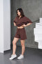 Women's Brown Comfortable Fit Zippered Sweat Shorts Summer Set - 5