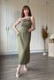 Khaki Midi Dress with Linen Shoulder Accessory Detail and Slits - 4