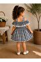Cherry Detailed Pompom Gingham Girls' Dress - 5