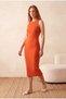 Women's Regular Fit Crew Neck Sleeveless Orange Cotton Ribbed Midi Dress Debora - 3