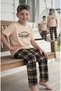 Boy's 5-14 Years Old Cotton Beige Color Lettering and Plaid Patterned Short Sleeve Pajama Set (with Sleeping Band as a Gift)