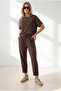 Women's Brown Loose Fit Top and Bottom Woven Modal Set Tkm-19000505 - 3