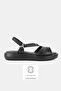 Women's Black Genuine Natural Leather Sandals with Stone on Flat Soles, Size 36-41
