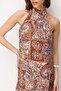 4932 Women's Floral Shawl Patterned Halter Neck Flounce Midi Dress Brown - 6
