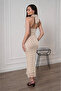 Women's Jacquard Patterned Beige Polka Dot Backless Halter Neck Long Dress with Tulle Detail - 2