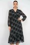 Women's V-Neck Gathered Waist Striped Pattern Chiffon Black Dress