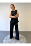 Premium Thin Denim Look Contrast Stitched Gold Buttoned 2-Piece Modern Cut Navy Blue Vest and Trousers Set - 6