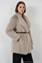 Women's Wide Collar Belted Fur Oversize Stone Coat - 4