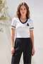 Women's Polo Collar Letter Detailed Basic Striped Sleeve Detail Knitwear White Blouse