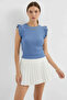 Women's Round Neck Ruffle Sleeve Indigo Blouse - 2